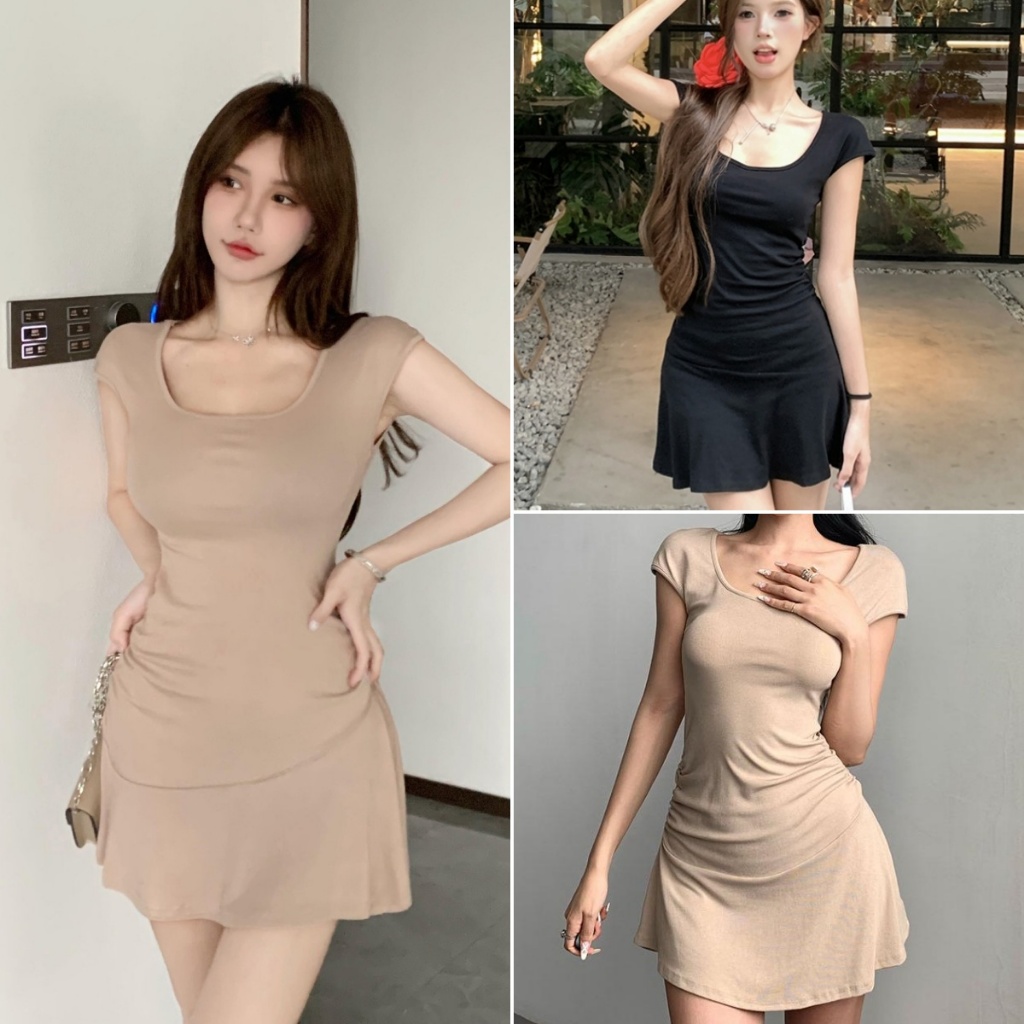 Betty house🌸พร้อมส่ง เดรสแฟชั่นผู้หญิง เดรสเซ๊กซี่ สีพื้น แขนสั้น สไตล์สลิมฟิต ดีไซน์เอวจีบ สไตล์เกาหลีแสนหวาน