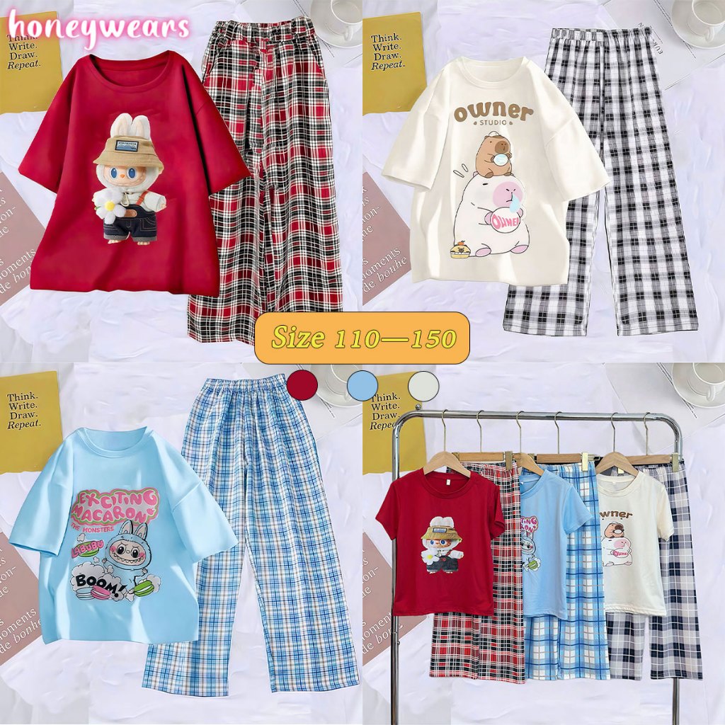 honeywears⚡️พร้อมส่ง⚡️ชุดสูทเด็กผู้หญิงน่ารัก เสื้อคอกลมพิมพ์ลายการ์ตูน+กางเกงขายาว ผ้าดีใส่สบาย ลำลองสองชิ้น ฤดูร้อน ไซส์ 110-150
