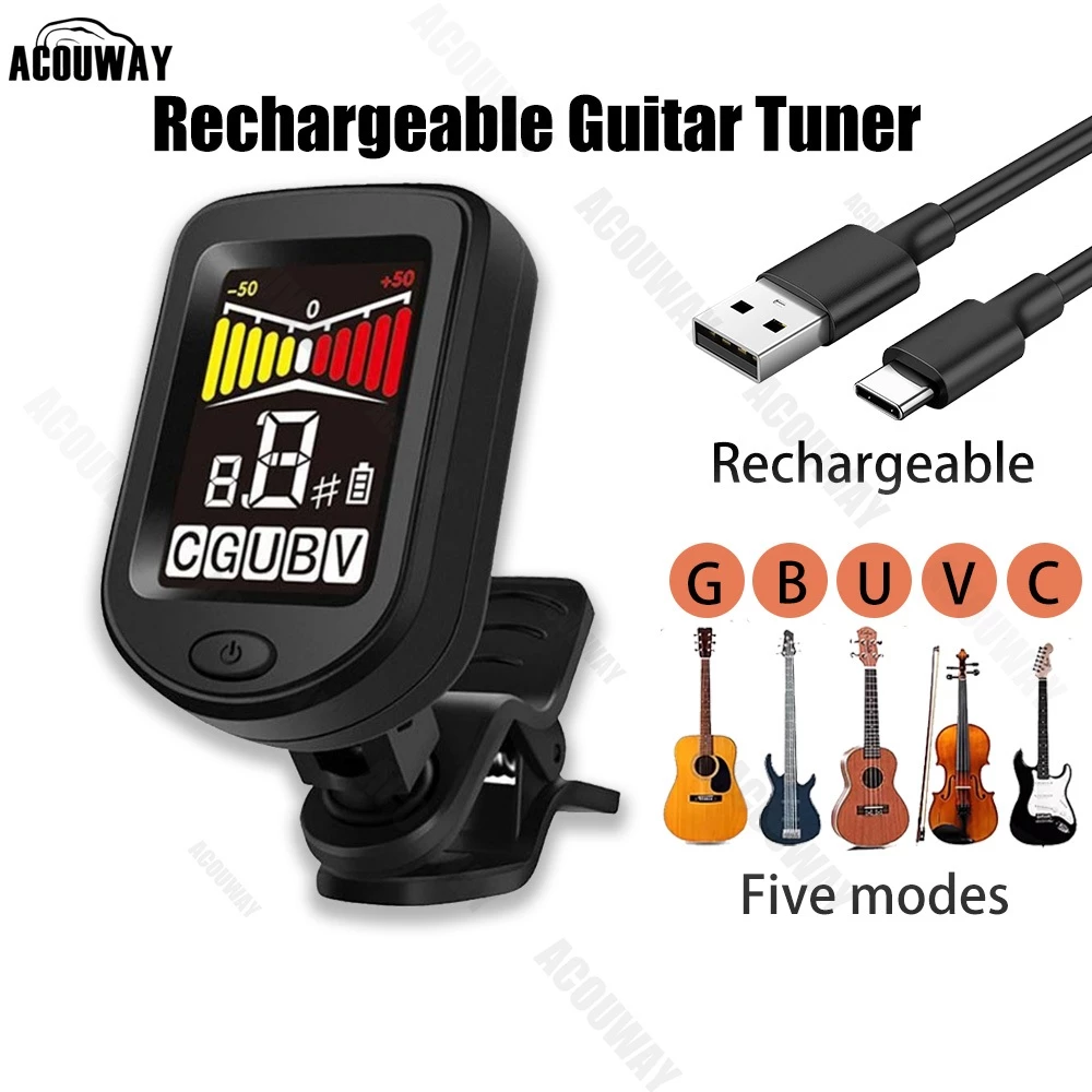 ACOUWAY กีตาร์จูนเนอร์ชาร์จ Chromatic Digital Tuner สีจอแสดงผล LCD String Instrument อุปกรณ์เสริมสําหรับกีตาร์ Ukulele ไวโอลินเบส Mandolin