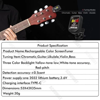 ACOUWAY กีตาร์จูนเนอร์ชาร์จ Chromatic Digital Tuner สีจอแสดงผล LCD String Instrument อุปกรณ์เสริมสําหรับกีตาร์ Ukulele ไวโอลินเบส Mandolin