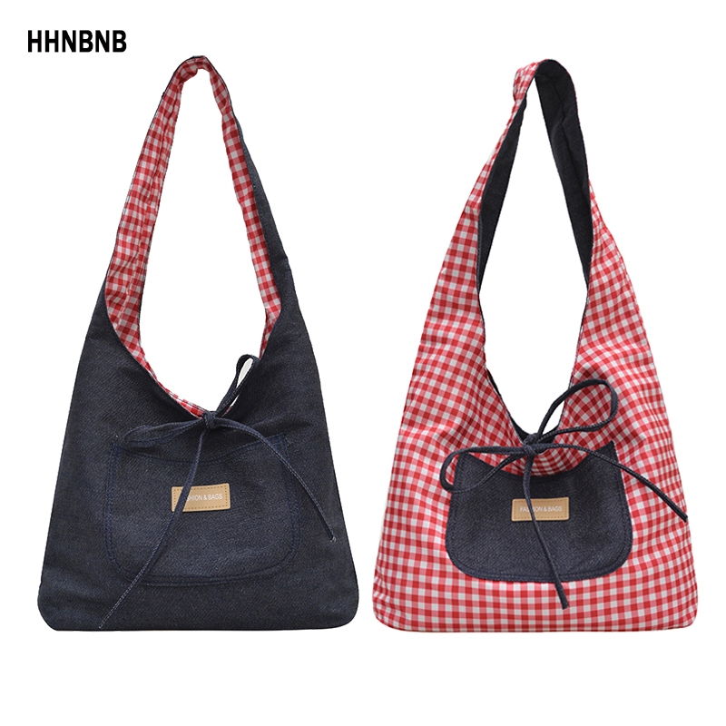 Hhnbnb แฟชั่นกระเป๋าสะพายไหล่ผู้หญิง Denim กระเป๋าสองด้าน Commuting Underarm Bag นักเรียนวิทยาลัย Tote Bag