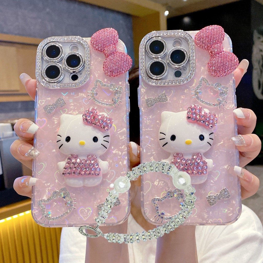 NewSelf-contained Diamond Lens Premium 3D Bowknot Diamond Kitty Pattern IMD Phone Case, with Bracelet, For iPhone 11, 12, 13 14, 15, 16, 17 Series