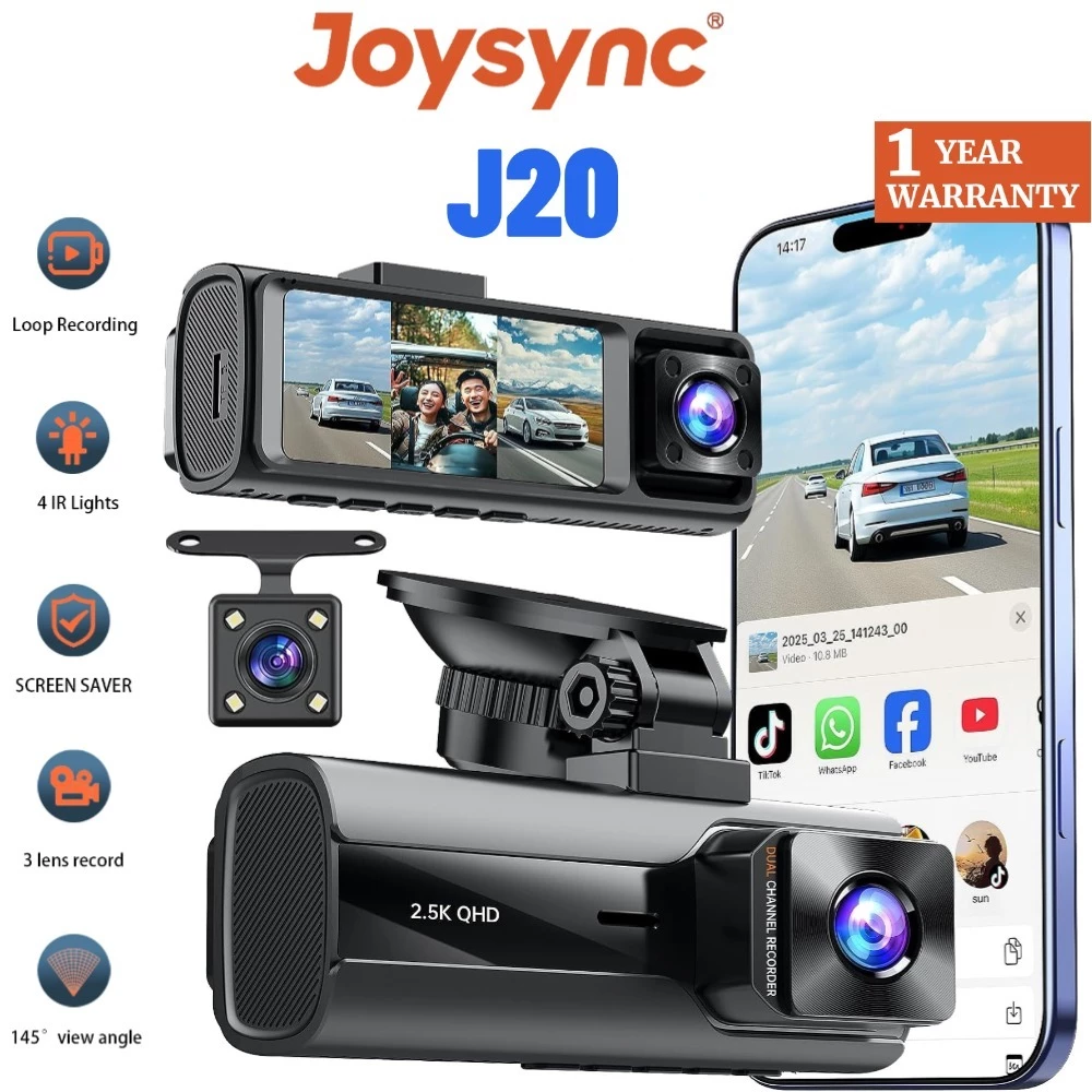 Joysync 3 ช่อง Dash Cam,2.5K ด้านหน้า/720P ภายใน/480P กล้องติดรถยนต์ด้านหลังพร้อมการควบคุม WiFi สําหรับรถยนต์,Dashcams พร้อม Night Vision,การบันทึก Loop,WDR,G-Sensor, จอภาพที่จอดรถ 24H