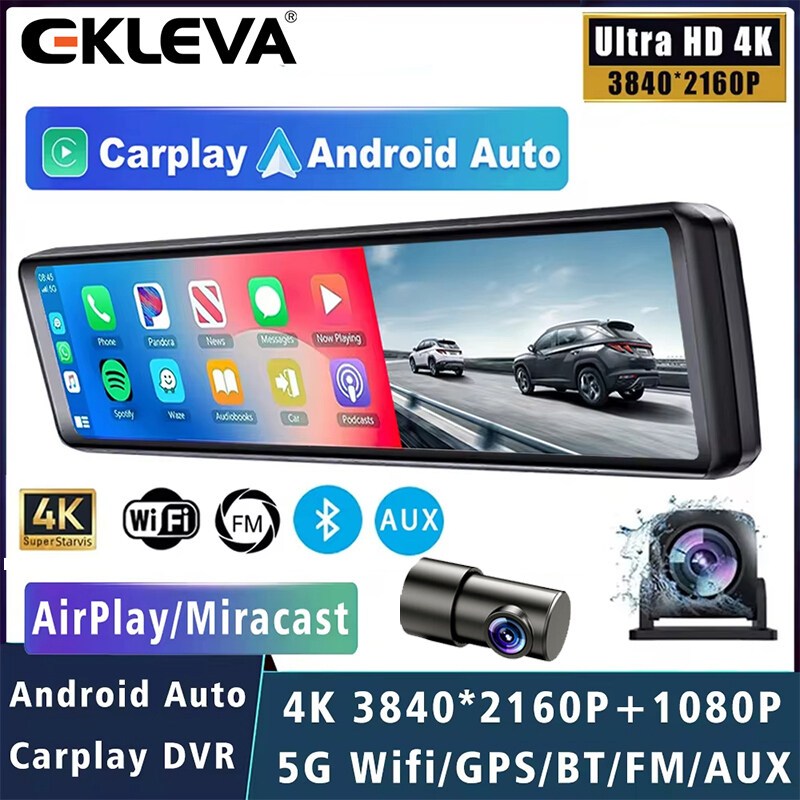 EKLEVA 12 หน้าจอขนาดใหญ่ 3 กล้อง Dash Cam 4K ด้านหน้าด้านหลังรถ DVR พร้อม CarPlay Android Auto Night
