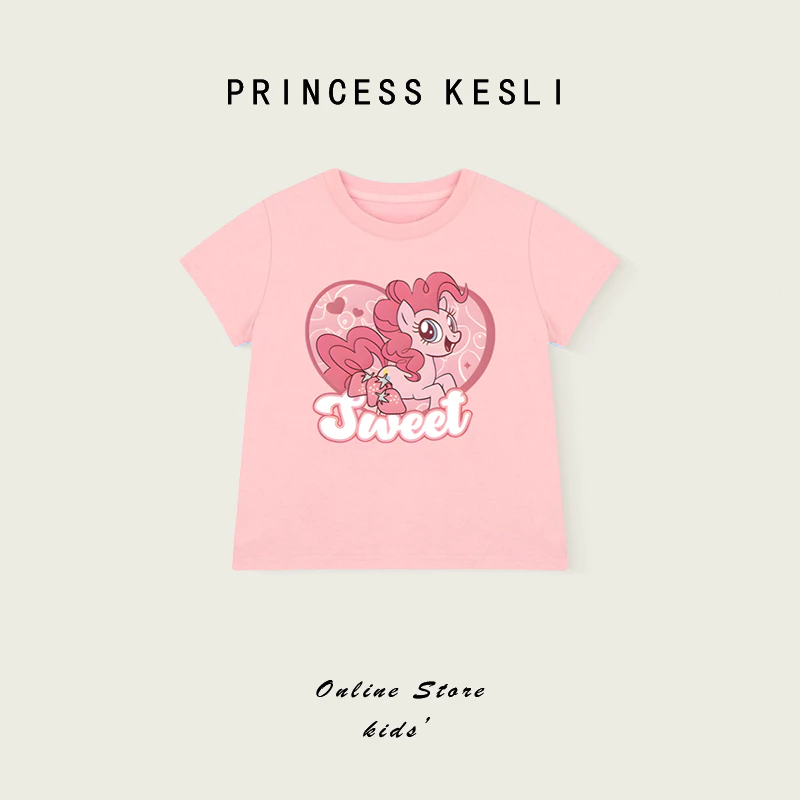 Princess Kesli เสื้อยืดเด็กผู้หญิง รูปแบบการ์ตูนพิมพ์ แบบเกาหลี ายแขนสั้นเสื้อยื เสื้อยืดเด็ก 2-12 ปี
