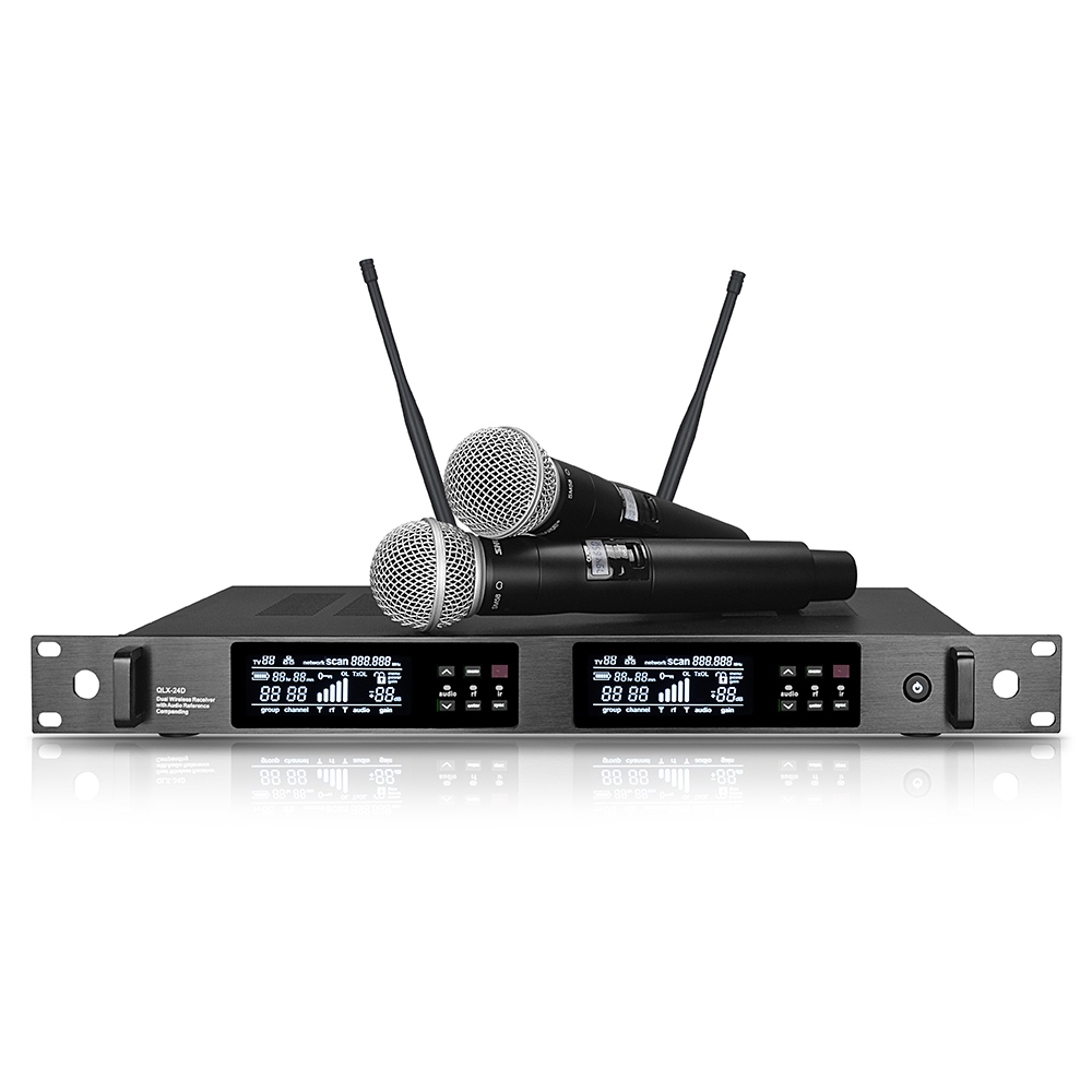 QLX24D QLXD24D QLXD4 ไมโครโฟนไร้สาย, ไมโครโฟนร้องเพลงเสียง SM58 คู่ระดับมืออาชีพสําหรับเวทีขนาดใหญ่