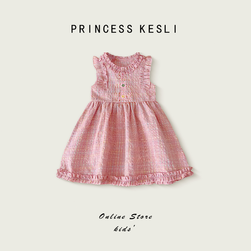 Princess Kesli ชุดเดรสเด็กผู้หญิง ชุดกระโปรงแขนกุด ลายสก๊อต งานกระดุมหน้า สไตล์เกาหลี 1-9 ปี