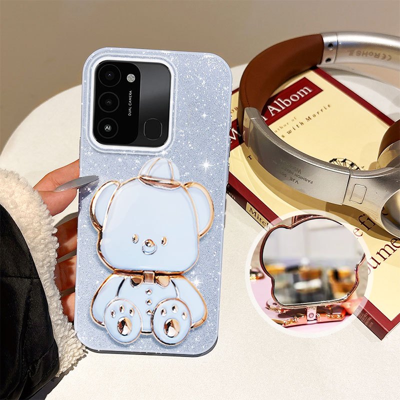 YBDกระจกหมวกหมีเคสโทรศัพท์สําหรับTecno Spark Go 2022 Spark 8C KG5k KG5jกระจกแต่งหน้า3Dพับ360 ° เปลือ