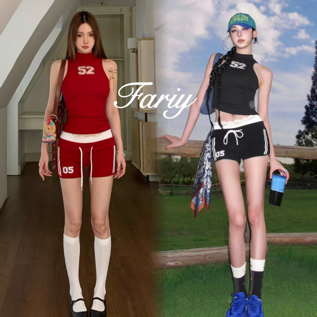 Fariy🍒คลังสินค้าพร้อม🍒 ชุดสองชิ้น เสื้อกั๊กกางเกงขาสั้นเข้ารูปสไตล์สาวสปอร์ตสุดฮอตสไตล์ย้อนยุคสไตล์อเมริกัน