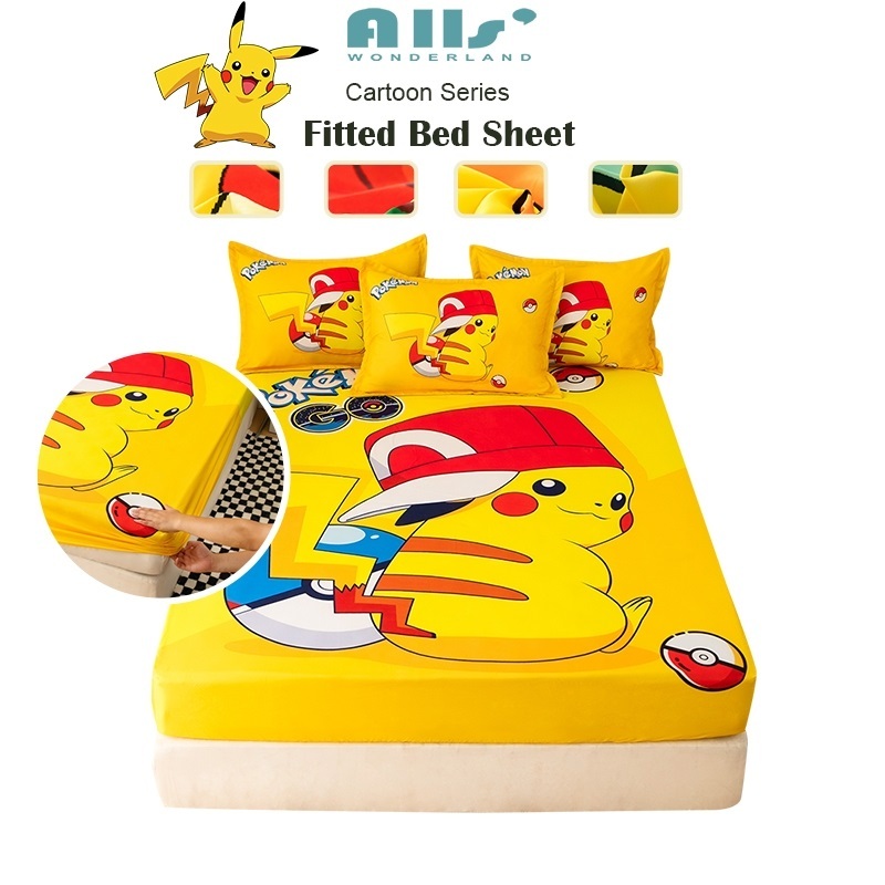 ผ้าปูที่นอน sheet Pikachu 5ฟุต 6ฟุต ลายการ์ตูนโปเกม่อนน่ารัก แบบนิ่ม สีเหลือง สําหรับเด็ก fitted sheet