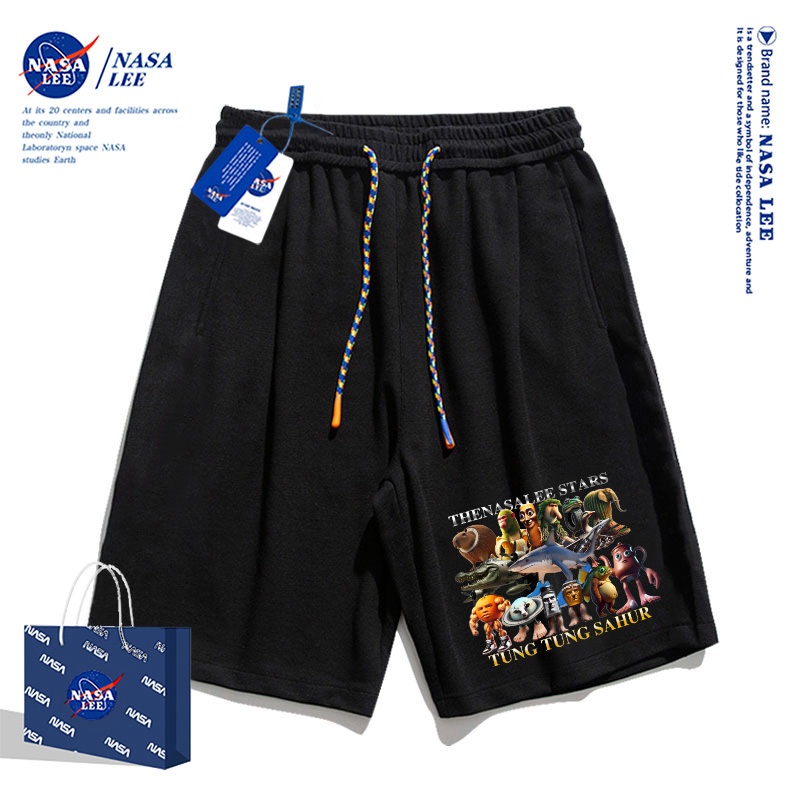 【ของพร้อมส่ง】กางเกงขาสั้นเด็ก NASA สีขาว ดีไซน์สปอร์ตหลวมๆ ลาย Shan Hai Jing สำห