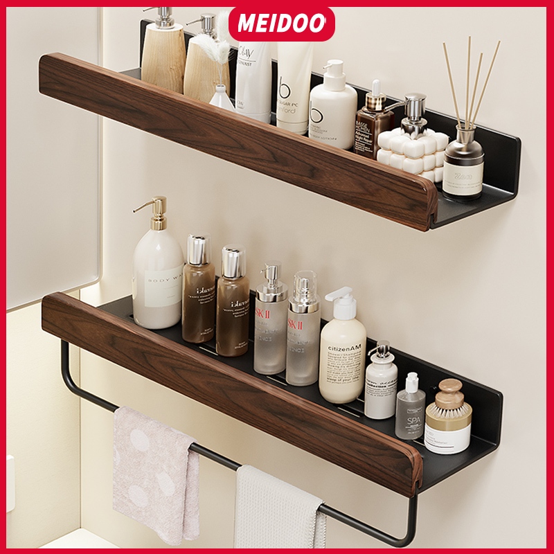 ชั้นวางของไม้วอลนัทติดผนัง MEIDOO ชั้นวางของในห้องน้ำ/ชั้นวางเครื่องสำอาง การติดตั้งแบบไม่ต้องเจาะรู