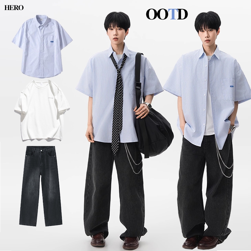HERO 💥พร้อมส่ง💥เสื้อเชิ้ตลายทางผู้ชาย  Unisex คนพาล แขนสั้น  ผู้ชาย เสื้อเชิ้ตลาย ใส่สบายทุกโอกาส  ดีไซน์เรียบหรู  ผ้านิ่มนุ่ม เบา ใส่สบาย ไม่ต้องรีด ระบายความร้อนได้ยอดเยี่ยม