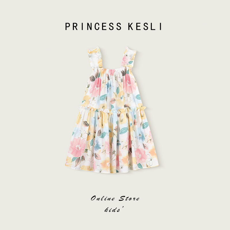 Princess Kesli  ชุดเดรสเด็กผู้หญิง  แขนกุด ดอกไม้พิมพ์ ผ้าชีฟอง นิ่ม พริ้ว เสื้อผ้าเด็ก กระโปรงดอกไม้พิมพ์ลาย 2-9 ปี