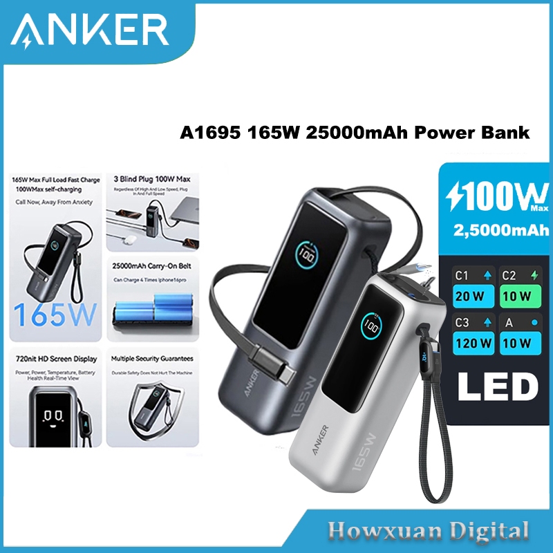 Anker A1695 Power Bank 165W 25000mAh มีสายเคเบิลแบบพับเก็บได้ ZOLO Portable Power Bank