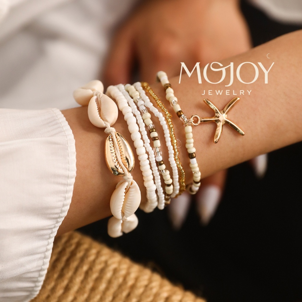 MOJOY 7 ชิ้น/เซ็ต Boho ปลาดาวสร้อยข้อมือชุดผู้หญิง Multilayer ลูกปัดกําไลข้อมือฤดูร้อน Beach เครื่องประดับ