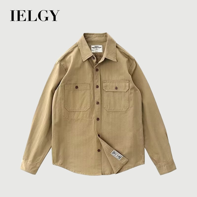 IELGY เสื้อเชิ้ตชุดทํางานแขนยาวย้อนยุคอเมริกันสําหรับผู้ชาย
