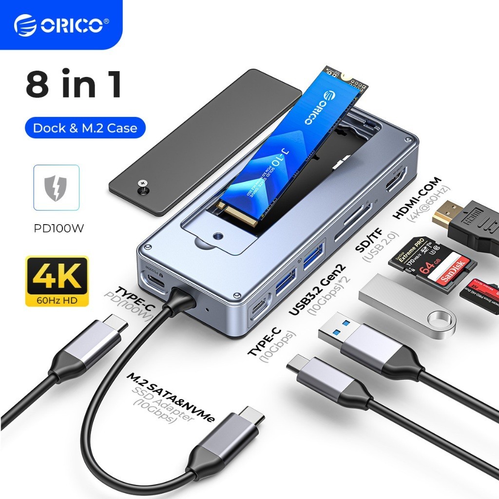 ORICO Docking Station USB Hub พร้อม M.2 SSD Enclosure 4K 60Hz HDMI PD100W ชาร์จ RJ45 SD/TF (OM28P)