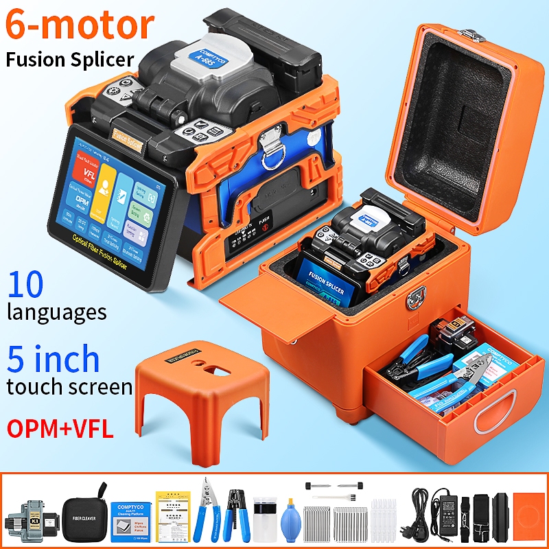 COMPTYCO A-88S เครื่องประกบไฟเบอร์อัตโนมัติ 10 ภาษาพร้อมหน้าจอสัมผัส 6 มอเตอร์ OPM VFL ชุดเครื่องมือ A-80S mini fusion splicer AUA-15F L-70C เชื่อมอัตโนมัติเต็มรูปแบบ mach