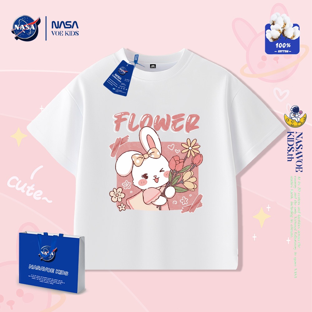นาซ่าโวเบบี้ เด็กแขนสั้นเสื้อยืดสาวเสื้อยืดการ์ตูนพิมพ์น่ารักสไตล์เกาหลีผ้าฝ้ายแท้แขนสั้น
