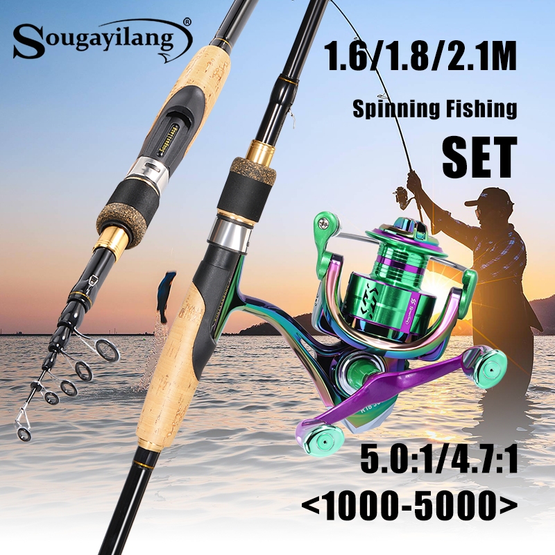 Sougayilang Spinning Combo 1.6-2.1M กล้องโทรทรรศน์ไม้ Handle Rod + 5.0:1 Super Light CNC Reel สําหรับตกปลาน้ําเค็มเริ่มต้น