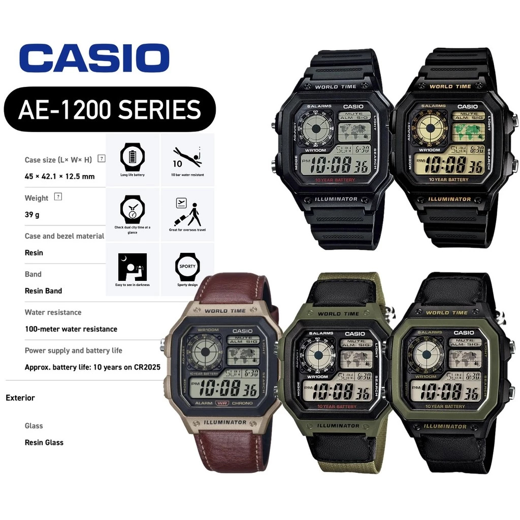 AE-1200WH / AE-1200WHB / AE-1500WHL Series นาฬิกาผู้ชายดิจิตอลกีฬากันน้ํานาฬิกาอิเล็กทรอนิกส์กลางแจ้