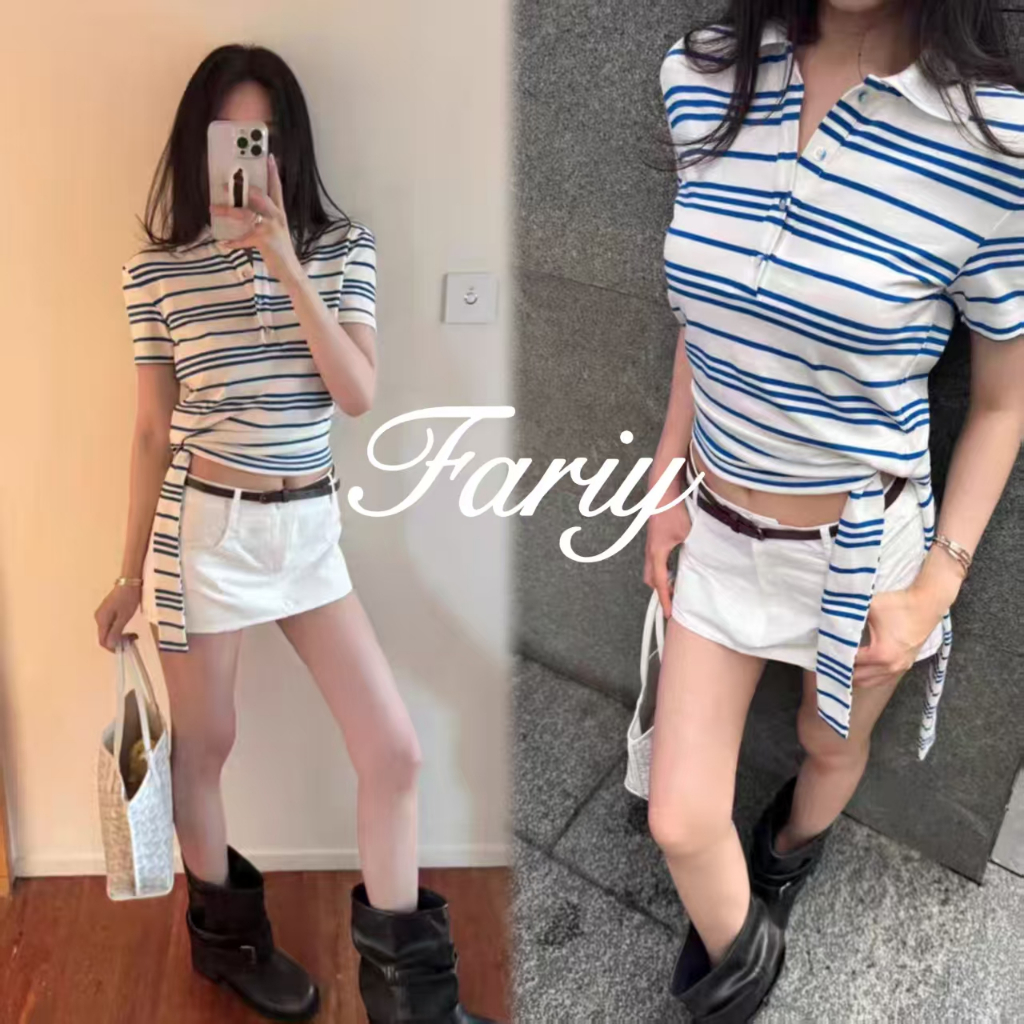 Fariy🍒คลังสินค้าพร้อม🍒 ดีไซน์เสื้อยืดคอปกโปโลลายทางสีตัดกันแขนสั้นผู้หญิงหน้าร้อนสุดฮอตสไตล์ชิคสลิมฟิต