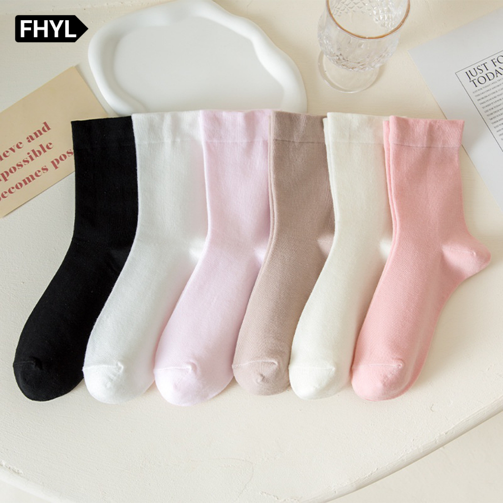 FHYL ถุงเท้าลําลอง ผ้าฝ้ายแท้ สีพื้น เข้ากับทุกการแต่งกาย แฟชั่นฤดูร้อน สไตล์เกาหลี สําหรับสตรี
