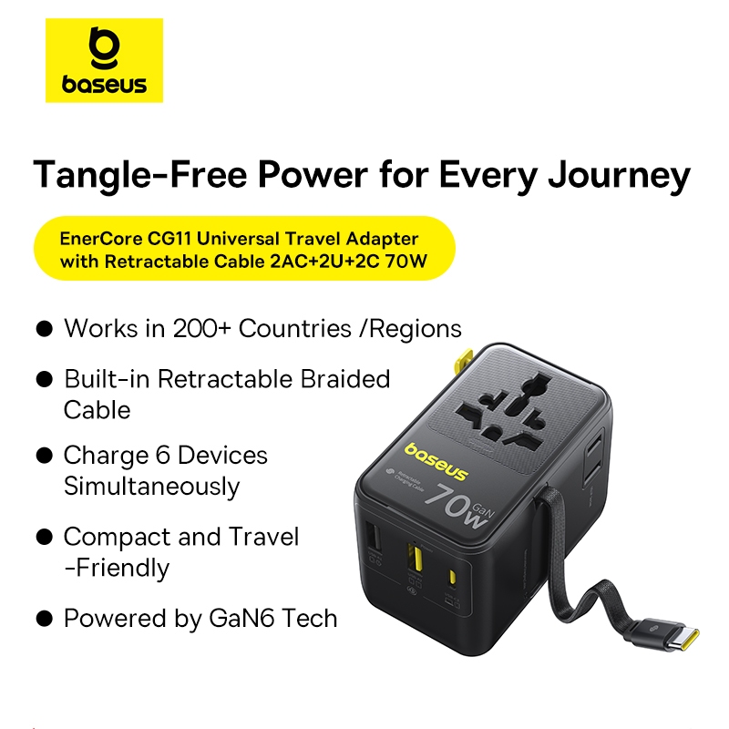 BASEUS EnerCore CG11 อะแดปเตอร์เดินทาง Universal 70W 2AC+2USB+2USB-C พร้อมสายในตัว