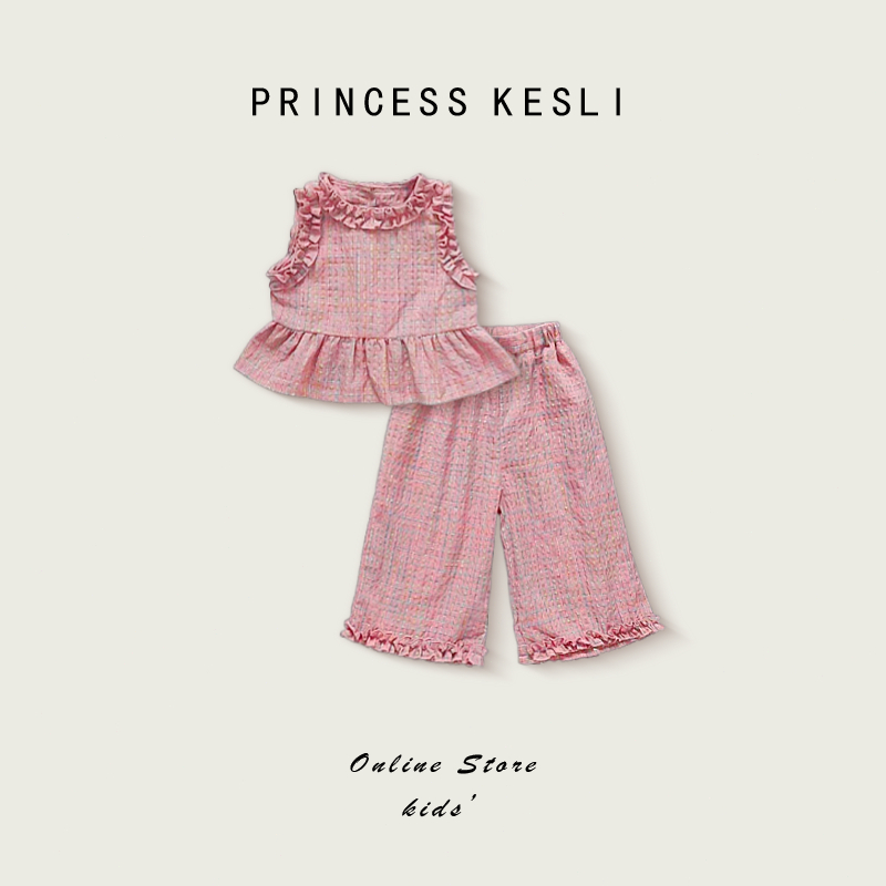 Princess Kesli ชุดเด็กผู้หญิง เสื้อแขนกุด+กางเกงขากว้าง สำหรับเด็กผู้หญิง เด็กแฟชั่นชุดฤดูร้อน 1-7 ปี ชุดตรุษจีนสำหรับเด็กผู้หญิง