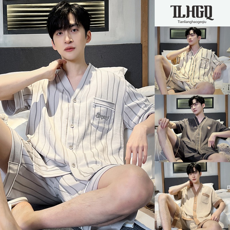 TLHGQ ชุดนอนผู้ชาย สไตล์เกาหลี แขนสั้น + กางเกงขาสั้น เร่ร่อน พักผ่อน Loungewear Man
