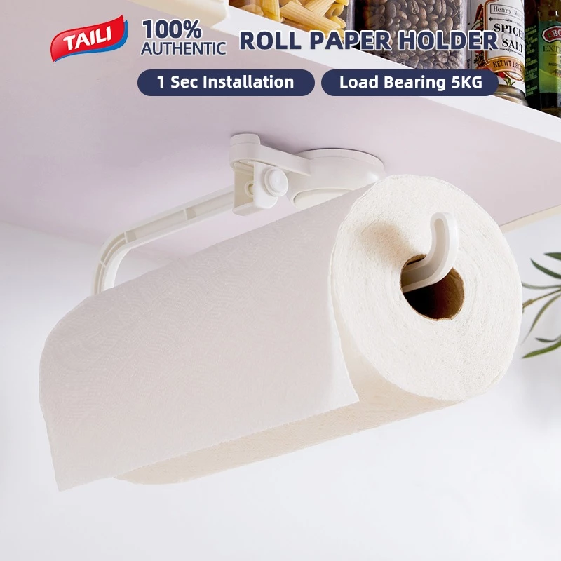 TAILI ถ้วยดูดกระดาษเช็ดมือครัวผู้ถือ No Drill reusable Kitchen Roll ผู้ถือกระดาษชั้นเก็บติดผนังปรับได้