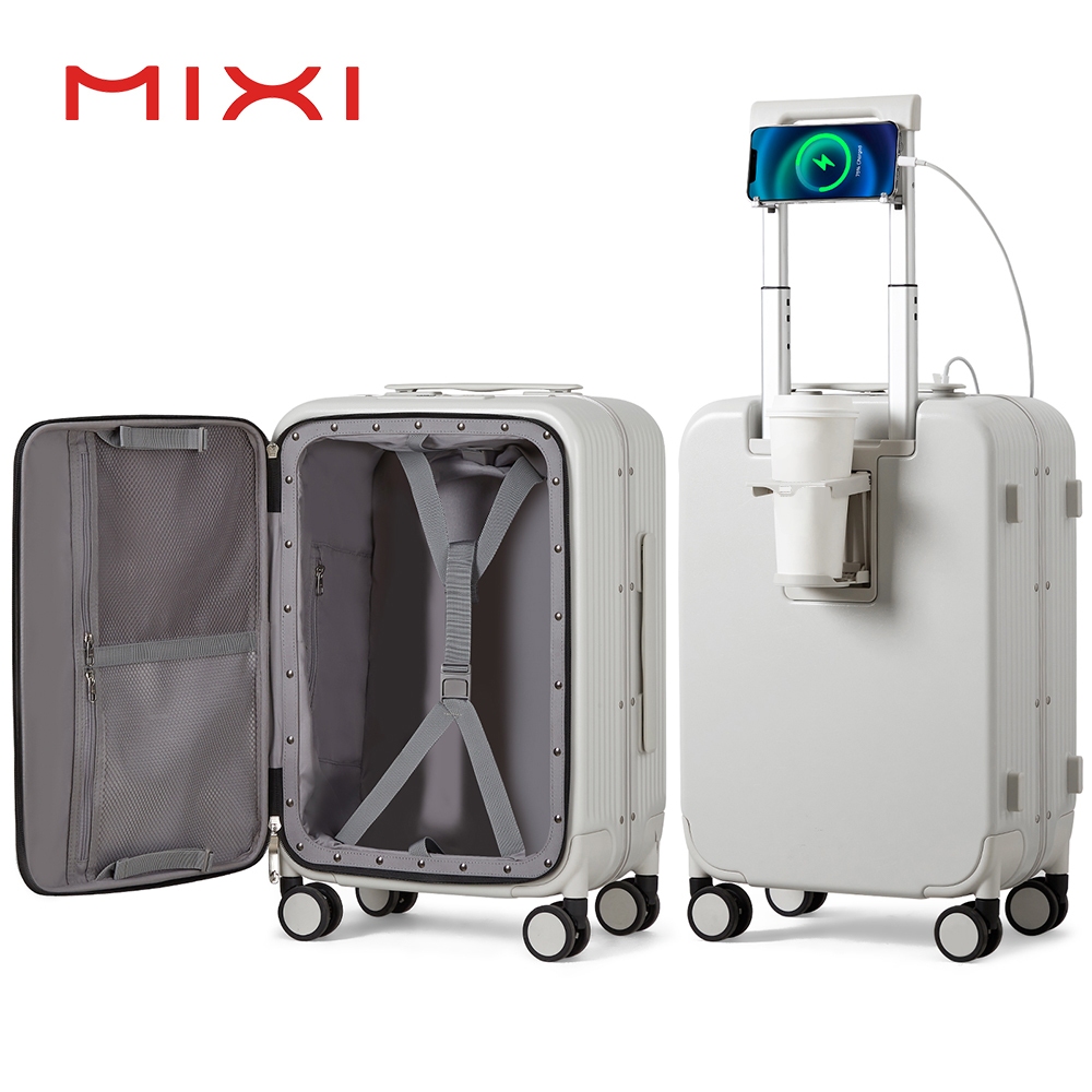 Mixi เปิดด้านข้างกระเป๋าเดินทางพร้อมพอร์ตชาร์จที่วางแก้วตะขอ 20" 24" PC ปินเนอร์กระเป๋าเดินทาง M9286