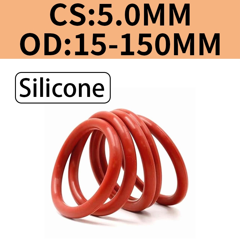O-Ring ซิลิโคนสีแดง CS5.0 มม. * OD15-150 มม. แหวนปิดผนึกทนอุณหภูมิสูงอุณหภูมิต่ํา