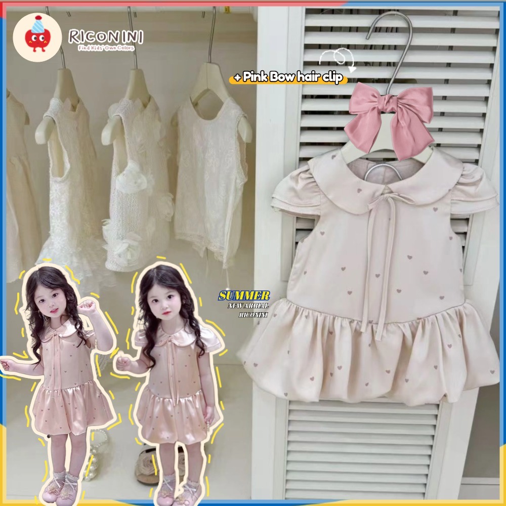 + กิ๊บติดผมโบว์สีชมพูRICONINI 2025 หรูหราเด็กวัยหัดเดินเด็กผู้หญิงเด็กฤดูร้อนซาตินชุดสีชมพู - กระพือหัวใจถังน่ารักสาวเด็กเจ้าหญิงพรรคชุด