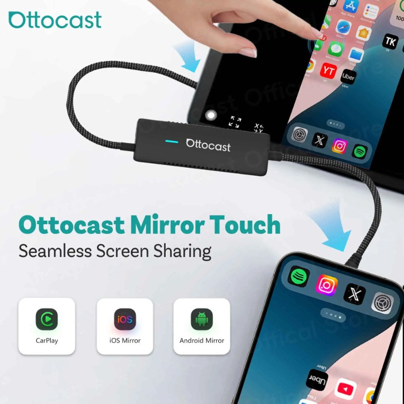 Ottocast Mirror Touch Bi-Mirroring อะแดปเตอร์ CarPlay ไร้สาย Bi-Directional Control กล่องวิดีโอสําหรับ IPhone Android รถอุปกรณ์เสริม