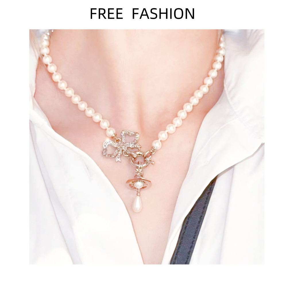 VIVIE Bow Pearl Saturn สร้อยคอจานบินหญิง 1: 1 โซ่กระดูกไหปลาร้าเพชรอารมณ์หวาน