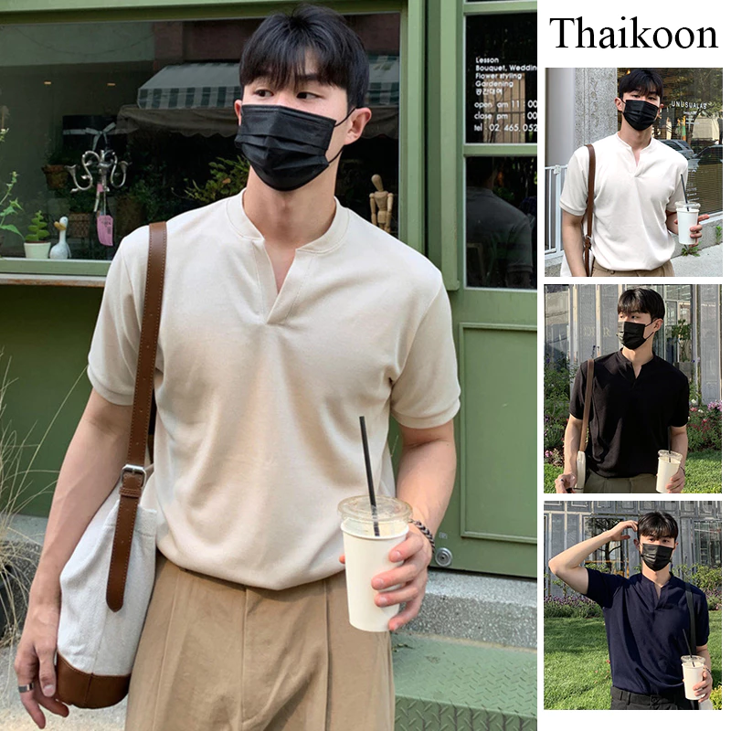 เสื้อท็อปแขนสั้นคอปก เฮนลีย์ สไตล์เกาหลี เนื้อผ้าใส่สบายทรงเข้ารูปและบานเข้ารูป