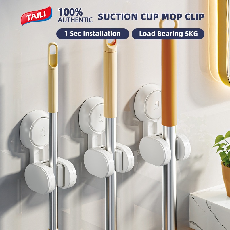 Taili 2-Pack ถ้วยดูด Mop คลิปติดผนัง Mop แขวนห้องน้ําห้องน้ํา Mop Holder การเจาะ-ฟรี Wall-Mounted Mop คลิป