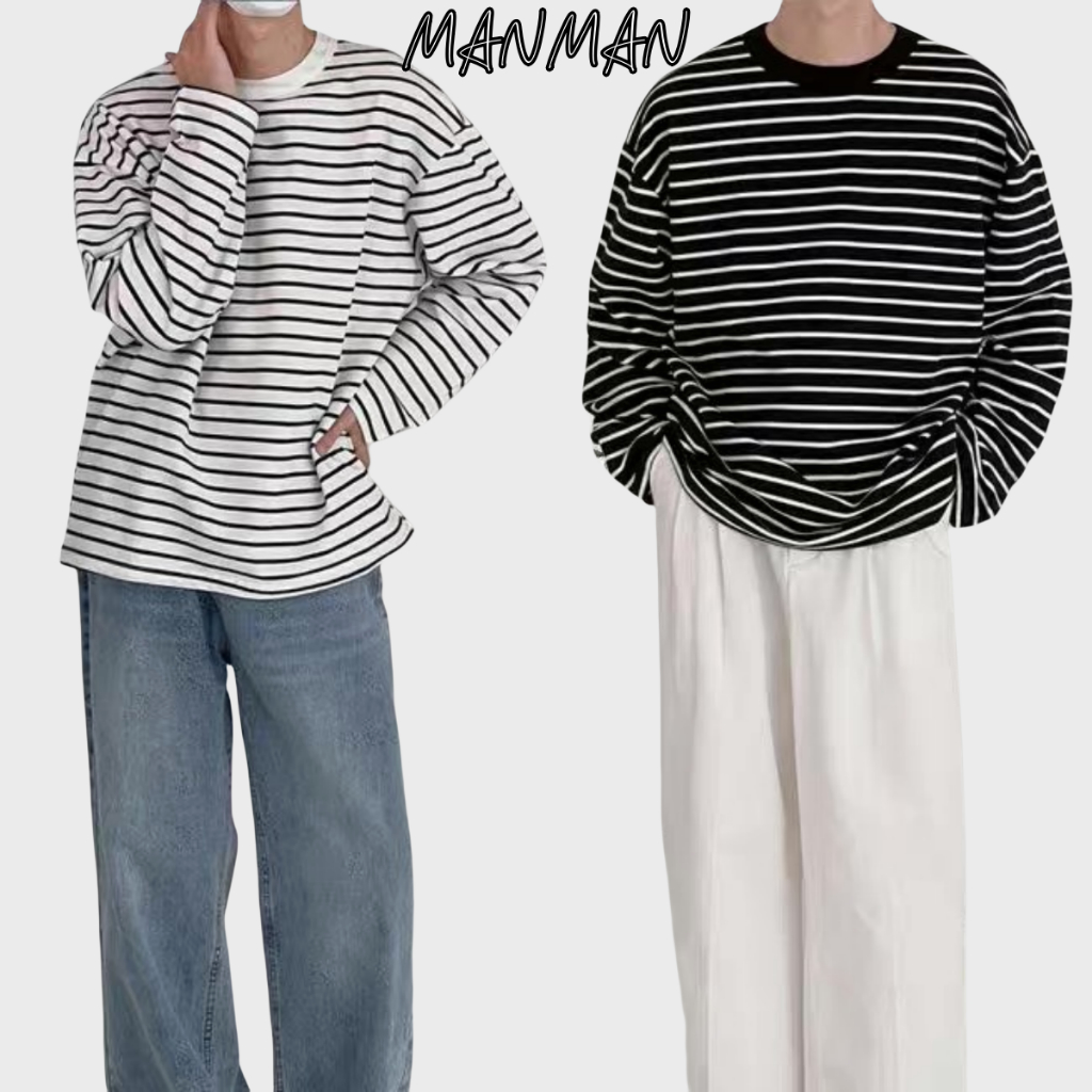 M & M ผู้ชาย เสื้อลาย คอกลม เสื้อยืด แขนยาว รุ่นต่อ ทรงหลวม ระบายอากาศ สวมใส่ได้ทั้งชายและหญิง