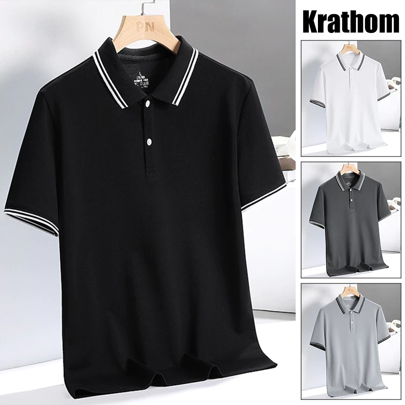 เสื้อโปโลผู้ชายลายทางแขนสั้น - ทรงหลวมแบบลําลองเหมาะสําหรับการตัดสินธุรกิจ