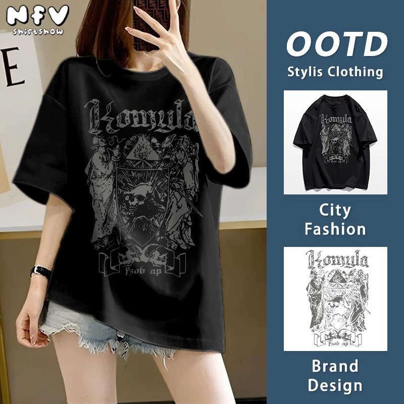 [จัดส่งตลอด 24 ชั่วโมง]NFV เสื้อยืดผ้าฝ้ายแขนสั้น✨สไตล์อเมริกันดาร์ก ลายหัวกะโหลก สตรีทเท่ๆ YG827