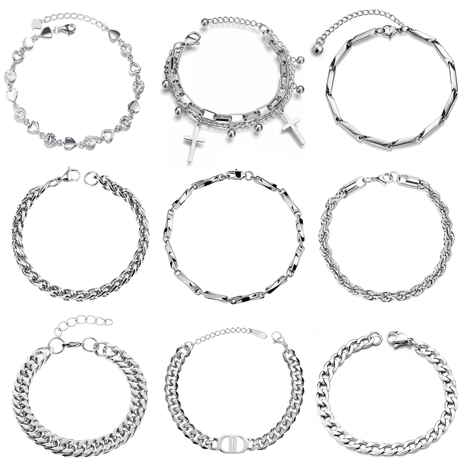 เครื่องประดับ สร้อยข้อมือ สีเงิน แบบเรียบง่าย แฟชั่นฮิปฮอป สไตล์เกาหลี สําหรับผู้ชาย และผู้หญิง