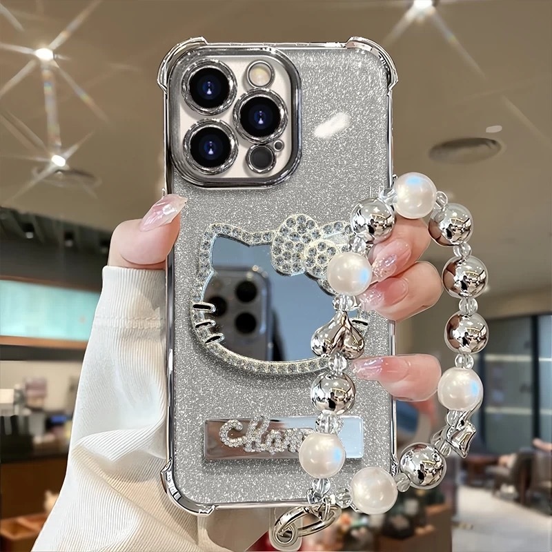 3d Anti-drop สี่มุม hello kitty กระจกผู้ถือและโซ่เคสโทรศัพท์สําหรับ Iphone 17 16promax 15 PRO MAX 14 PRO MAX 13 PRO MAX 12 PRO MAX 11 xsmax XR X XS 7 8 PLUS