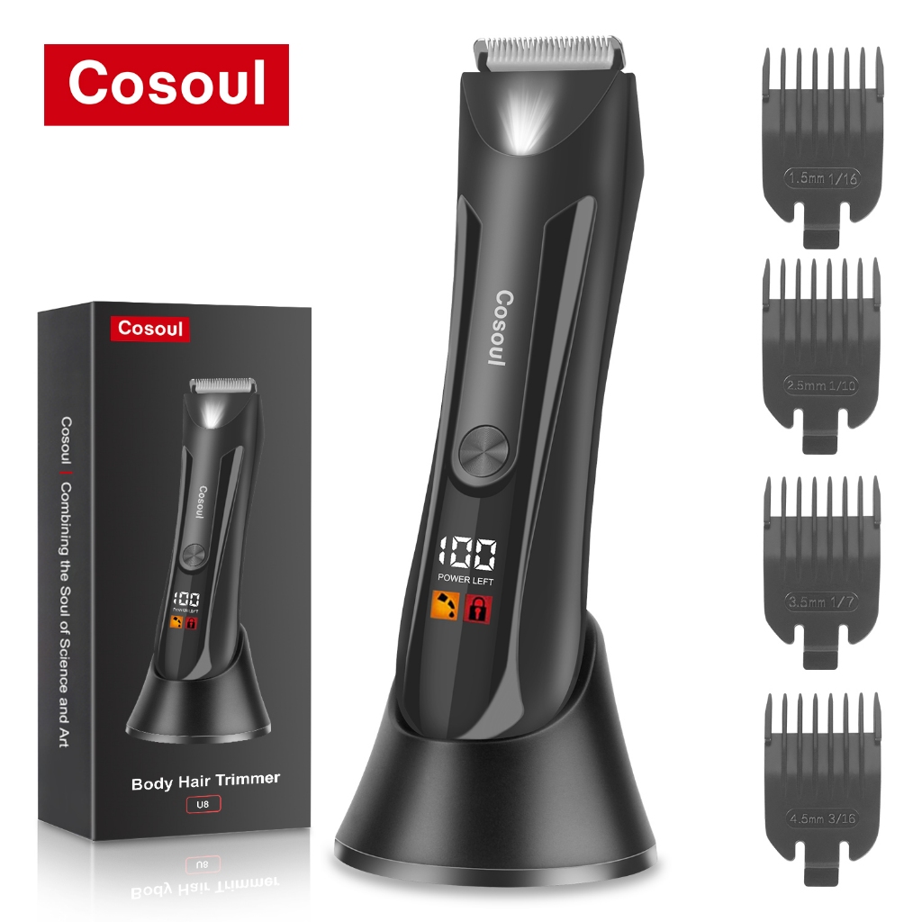 Cosoul เครื่องตัดแต่งขนร่างกายสำหรับผู้ชาย ไฟฟ้า อเนกประสงค์ ตัดขนอุ้งเชิงกราน ขนหน้าอก ขนแขน ขนขา IPX7 กันน้ำ จอแสดงผล LED