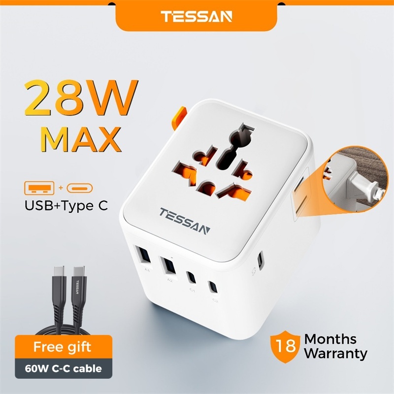 TESSAN Universal Travel Adapter อะแดปเตอร์ 35W/65W/100W ใหม่พร้อม USB+Type C ใช้ได้ใน 200+ ประเทศ