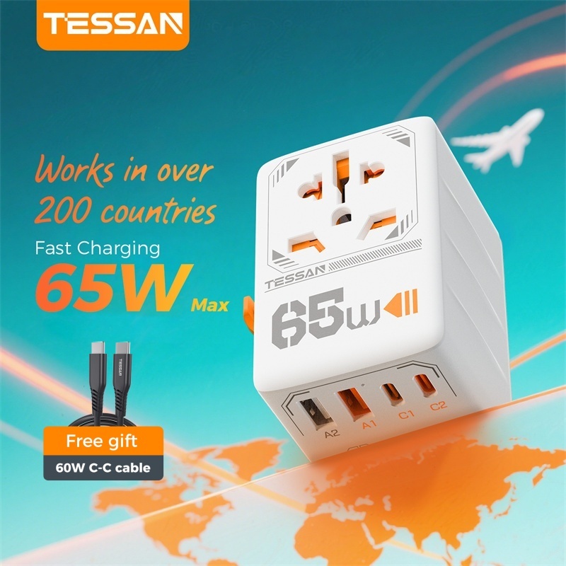 TESSAN หัวแปลงปลั๊กต่างประเทศ Universal Travel Adapter 30W/65W/100W มาพร้อม ช่อง USB-C และ USB-A