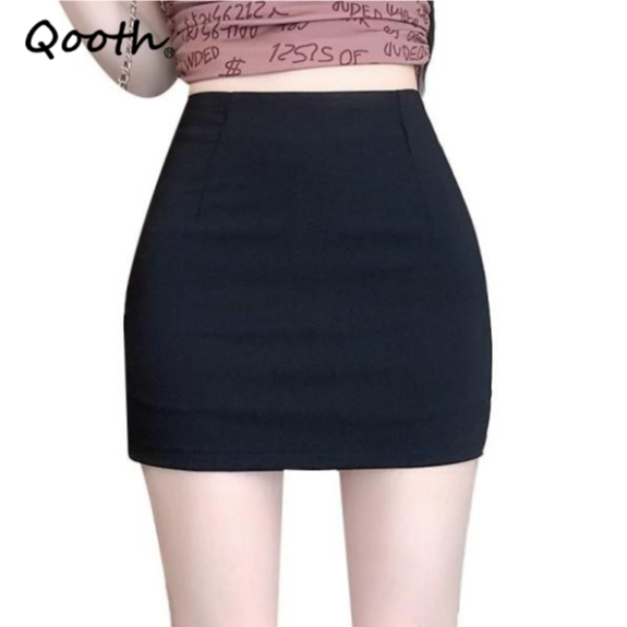 Qooth A Line ดินสอมินิกระโปรงเอวสูงกระโปรงกระชับสัดส่วนกางเกงลําลองสบายแฟชั่น INS QT2618