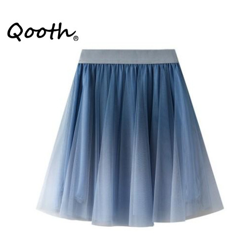 Qooth Elegant Gradient สี Tulle A Line Mini กระโปรงจีบ Tiered เอวยางยืดสำหรับผู้หญิง QT2626