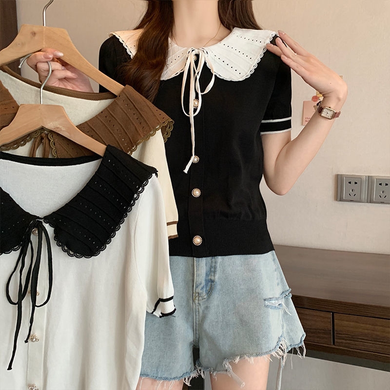 คนรักสีฟ้า ฤดูร้อนเกาหลีหวานโบว์ผูกนัวเนียตุ๊กตาคอปกแขนสั้นอเนกประสงค์เสื้อถักสําหรับผู้หญิงใหม่